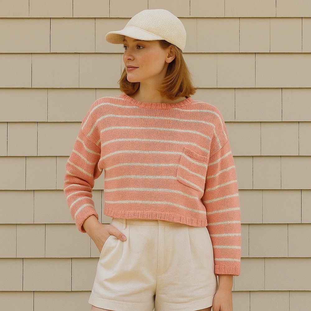 Vintage Mixed Blues Pink White Striped Cropped Sweater Medium 90s Hong Kong Knit